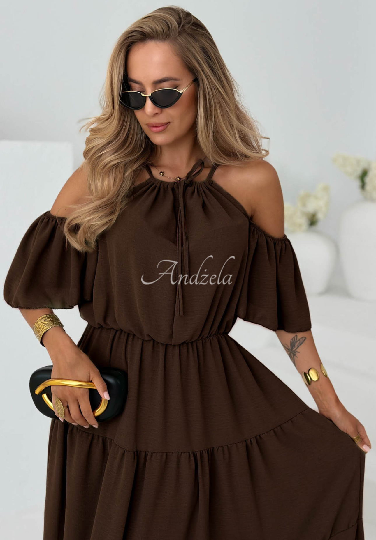 Rochie midi din viscoză cu volănașe și umeri goi Soleil Days
