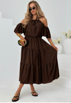 Rochie maxi z falbankami i odkrytymi ramionami Soleil Days măslinii