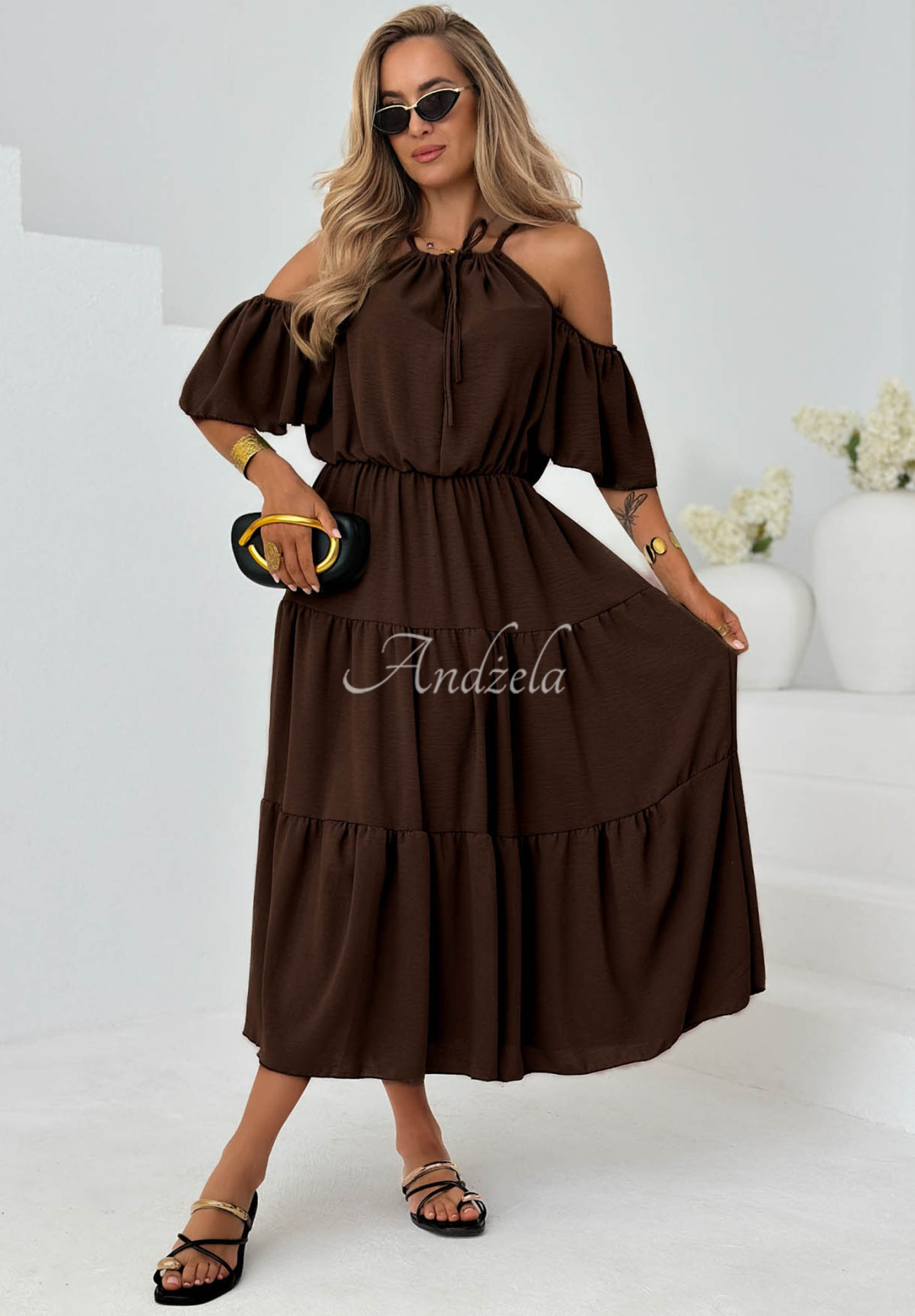 Rochie midi din viscoză cu volănașe și umeri goi Soleil Days