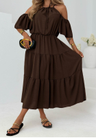 Rochie maxi z falbankami i odkrytymi ramionami Soleil Days măslinii