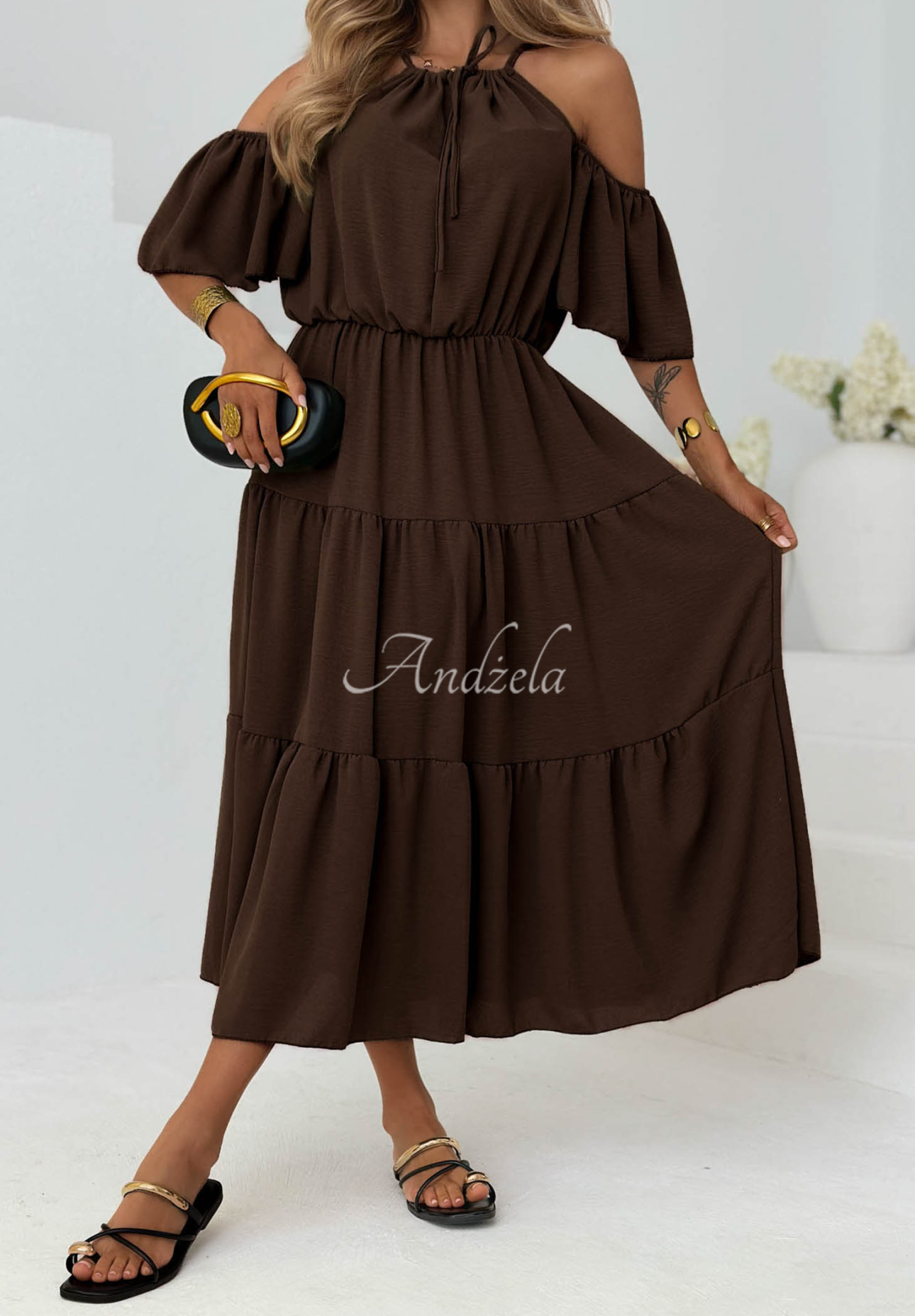 Rochie midi din viscoză cu volănașe și umeri goi Soleil Days