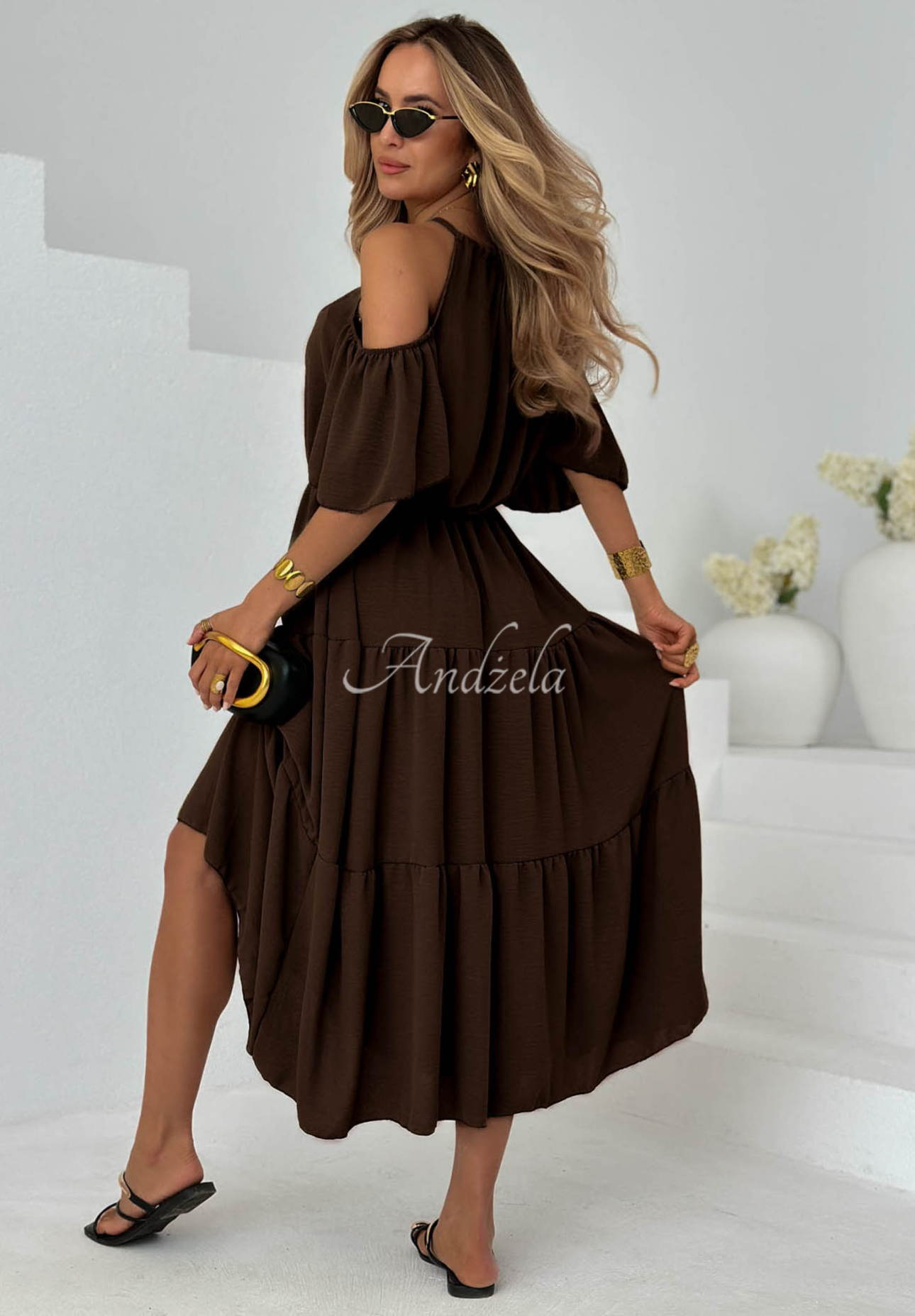 Rochie midi din viscoză cu volănașe și umeri goi Soleil Days