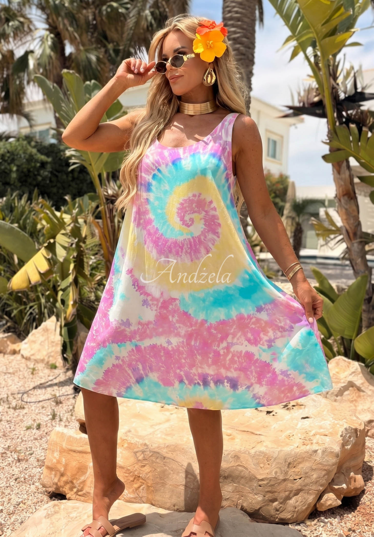 Rochie tunică mini din viscoză cu bretele tie dye Pastel Tropics