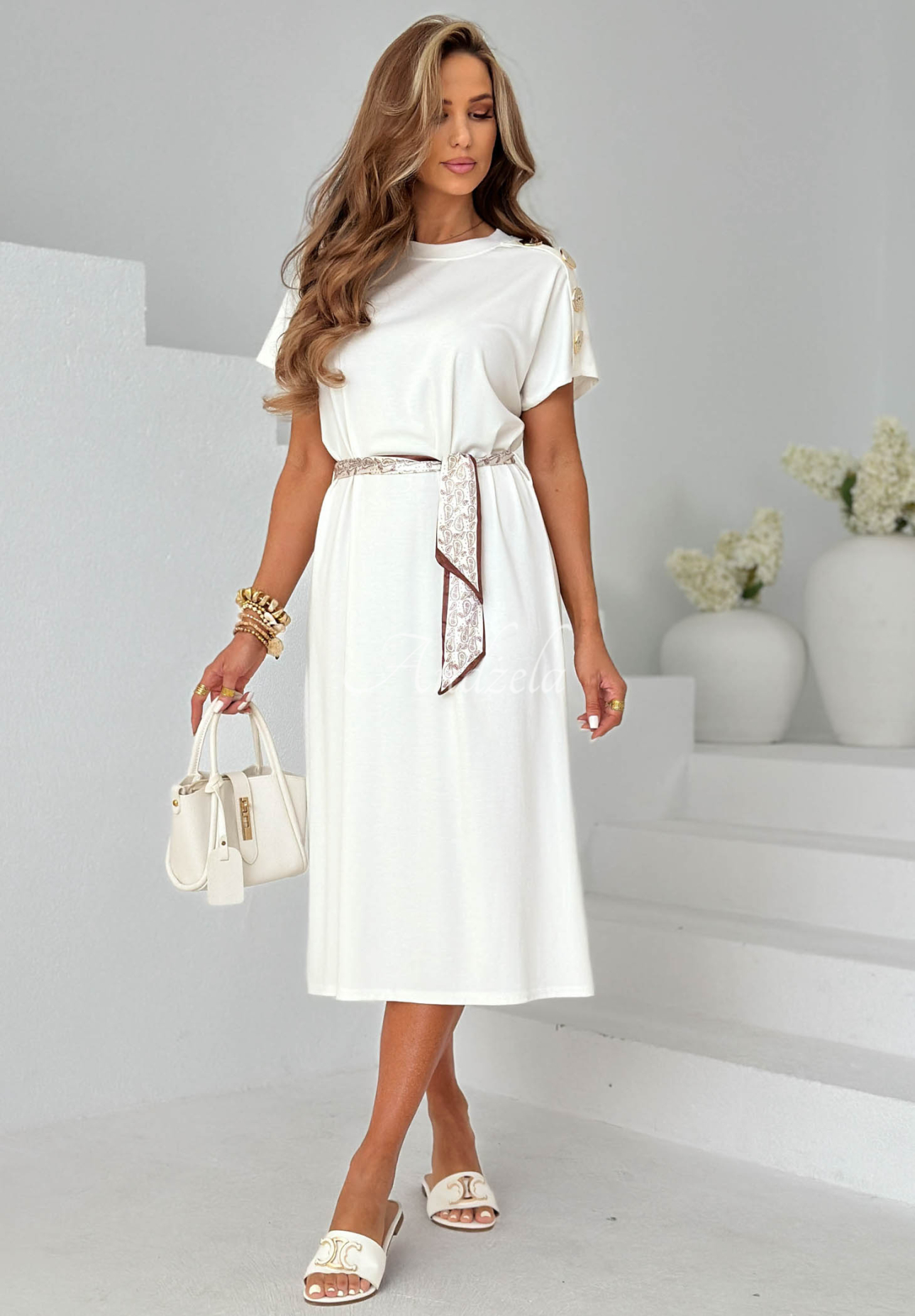 Rochie midi din viscoză cu eșarfă și nasturi decorativi Sailor Charm