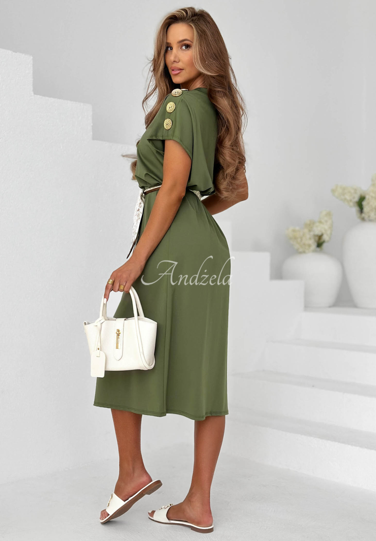 Rochie midi din viscoză cu eșarfă și nasturi decorativi Sailor Charm
