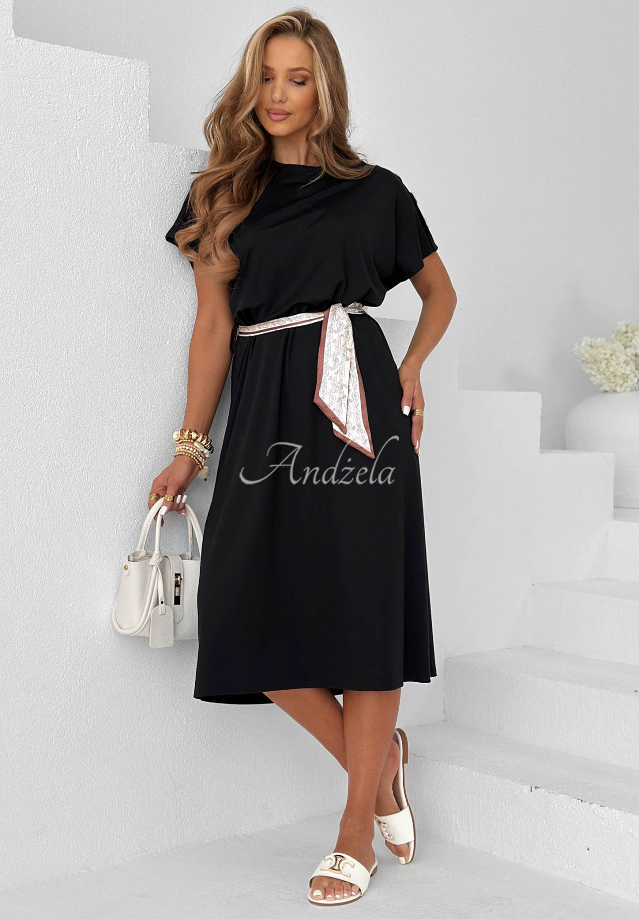 Rochie midi din viscoză cu eșarfă și nasturi decorativi Sailor Charm