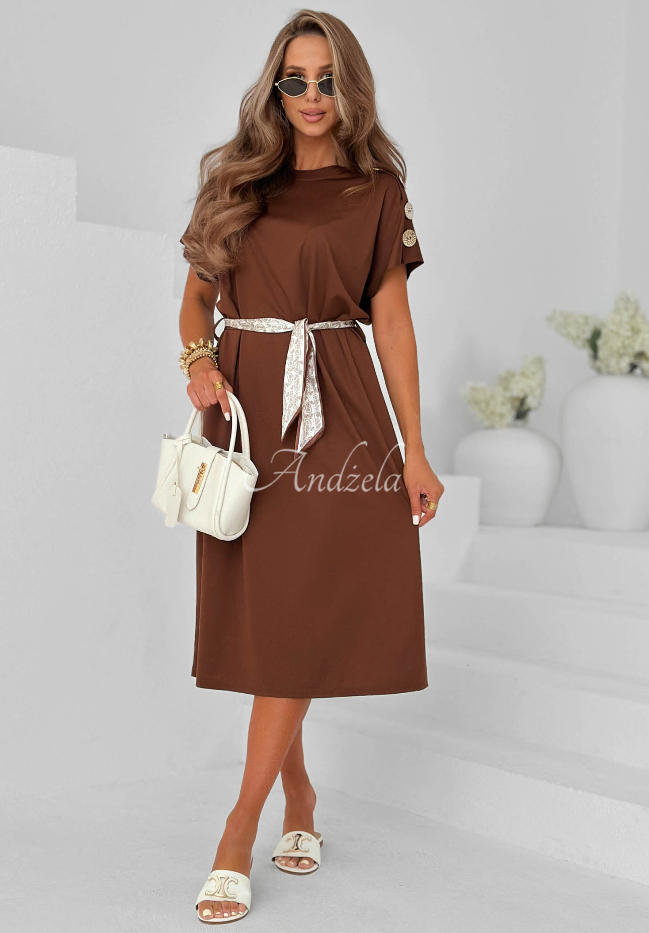 Rochie midi din viscoză cu eșarfă și nasturi decorativi Sailor Charm