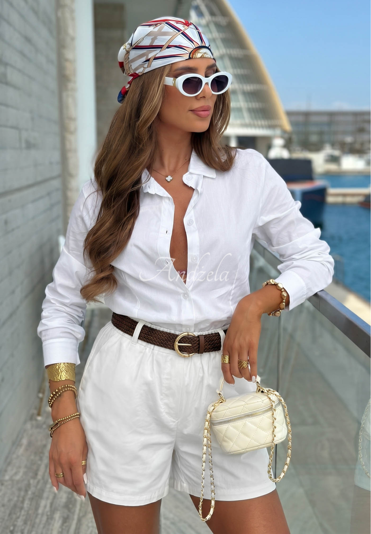 Pantaloni scurți din viscoză cu curea împletită Isla Marina
