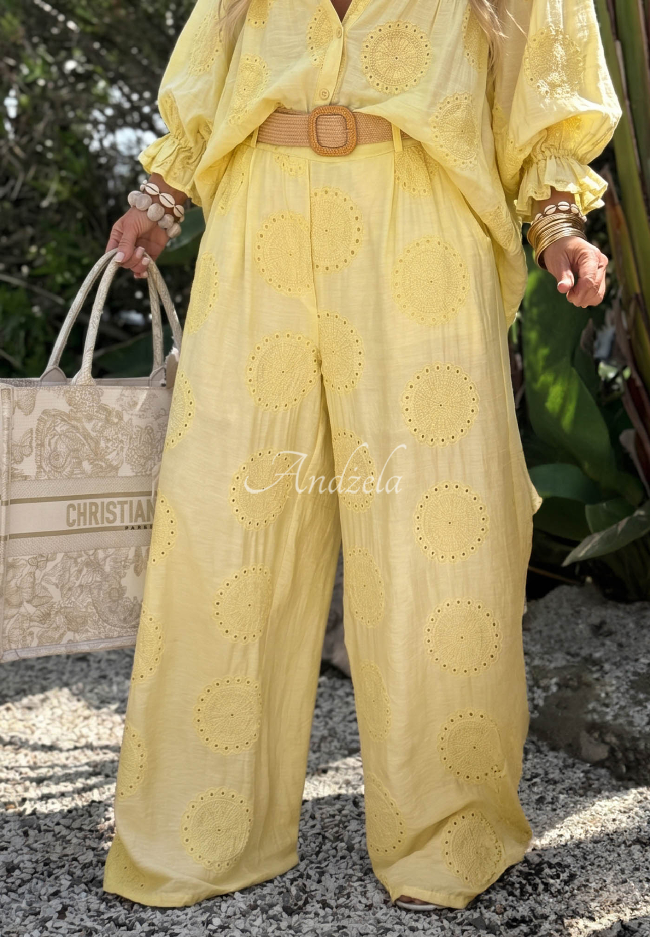 Pantaloni boho wide leg brodați din bumbac Ti Amo