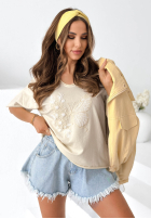 Bawełniany Tricou z haftem Pretty Butterfly bej