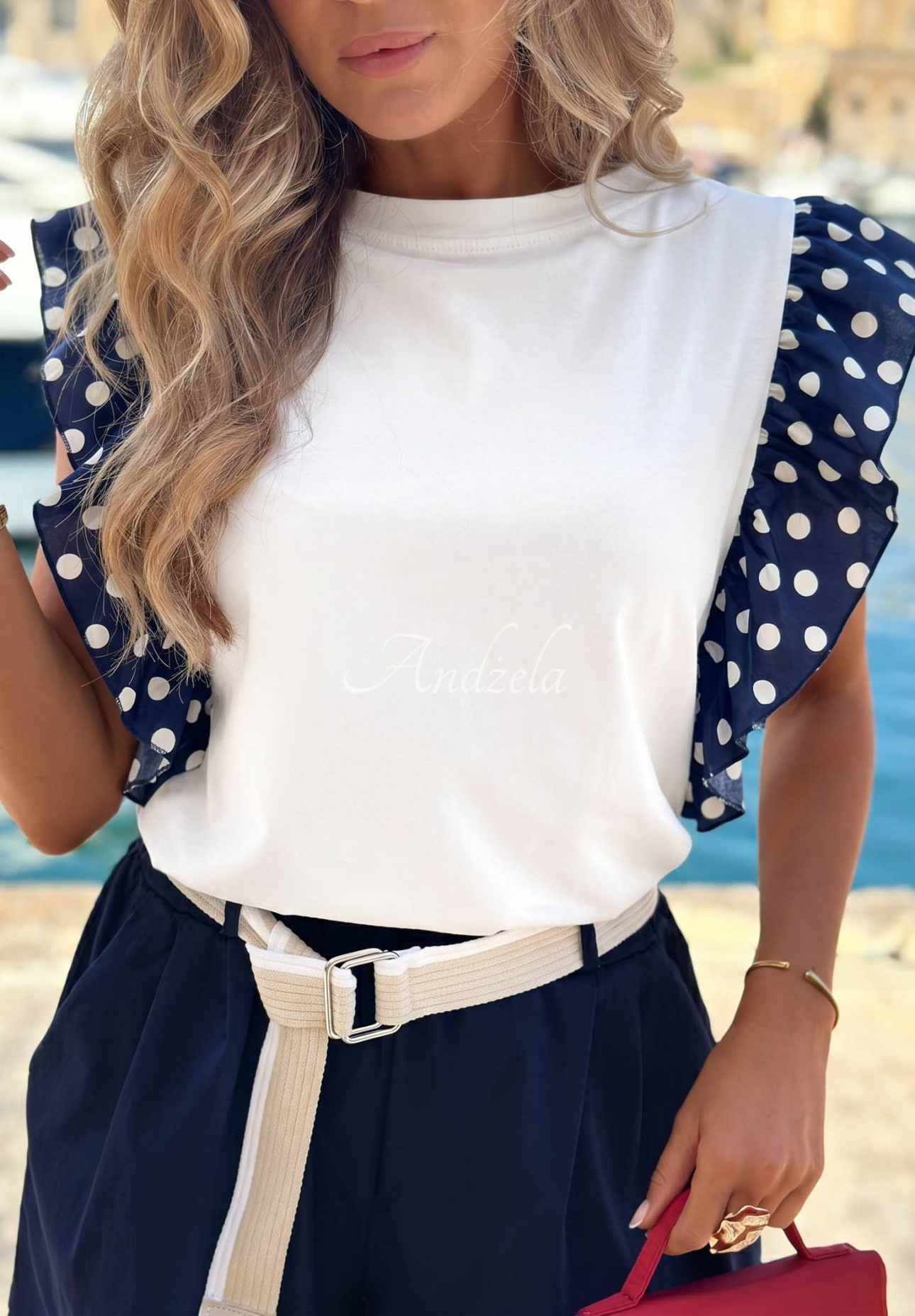 Tricou din bumbac cu volănașe cu buline Dotella