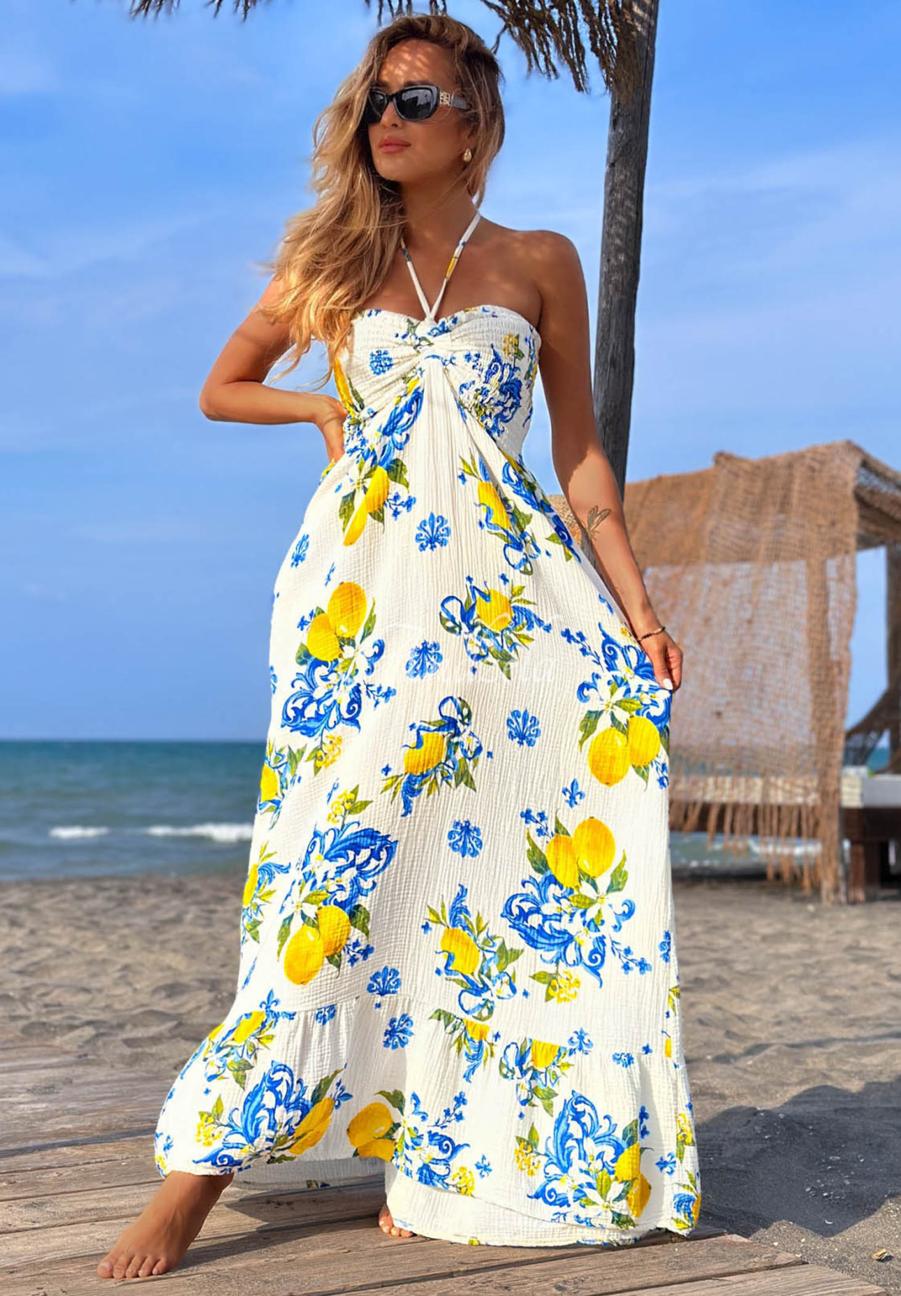 Rochie maxi din bumbac fără bretele cu imprimeu cu lămâi Limone Sole
