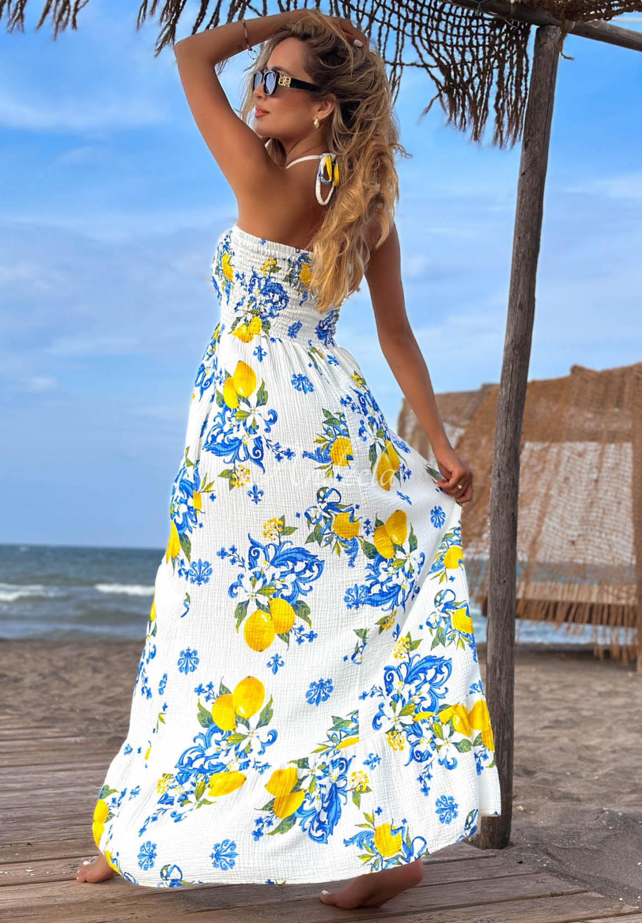 Rochie maxi din bumbac fără bretele cu imprimeu cu lămâi Limone Sole