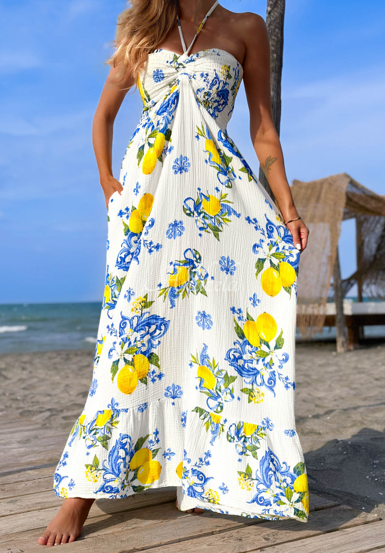 Rochie maxi din bumbac fără bretele cu imprimeu cu lămâi Limone Sole