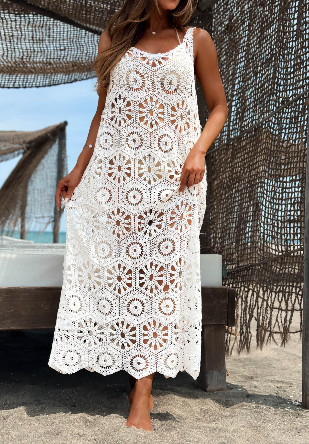 Pelerină de plajă maxi din bumbac cu bretele boho Coco Paradise