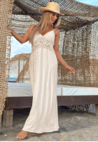 Rochie maxi na ramiączkach z koronką boho Island Desire jasnobeżowa