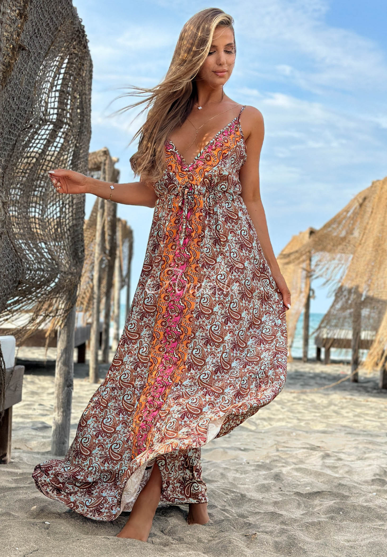 Rochie maxi cu imprimeu și bretele Aqua Bliss albastru