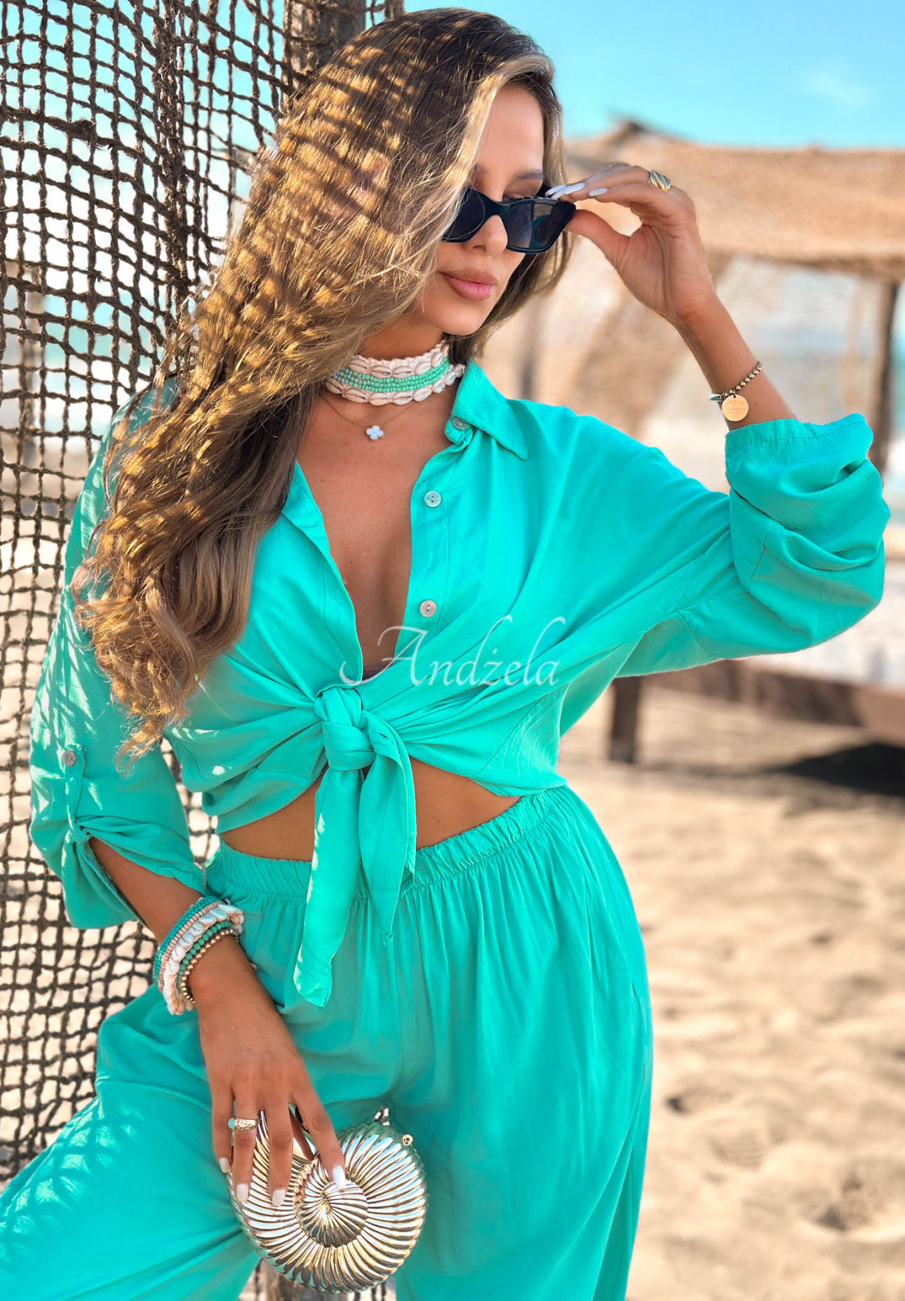 Set din viscoză Summer Skies format din cămașă și pantaloni wide leg