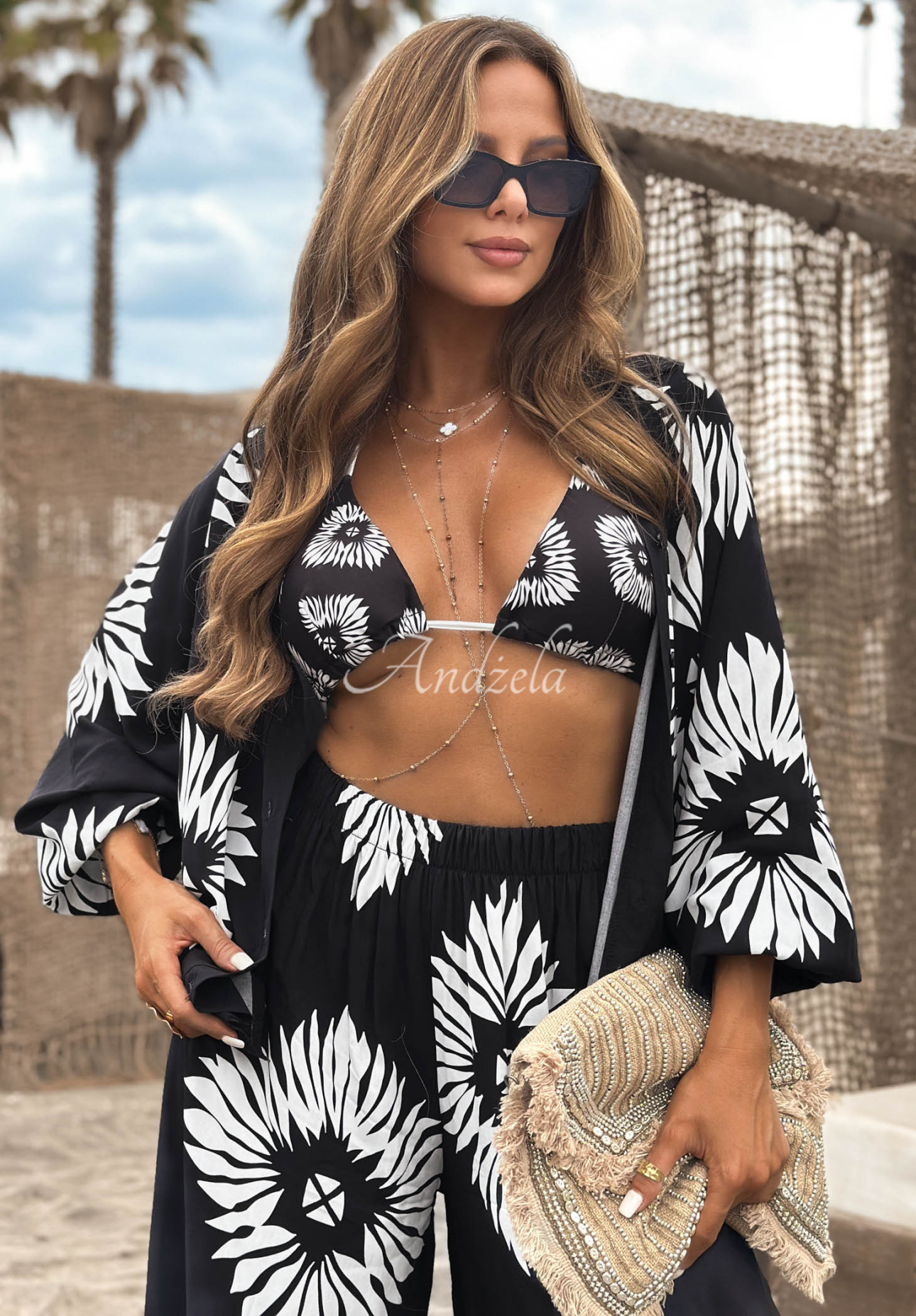 Set 3 în 1 din viscoză cu Top  , cămașă și pantaloni cu imprimeu Fiesta Time