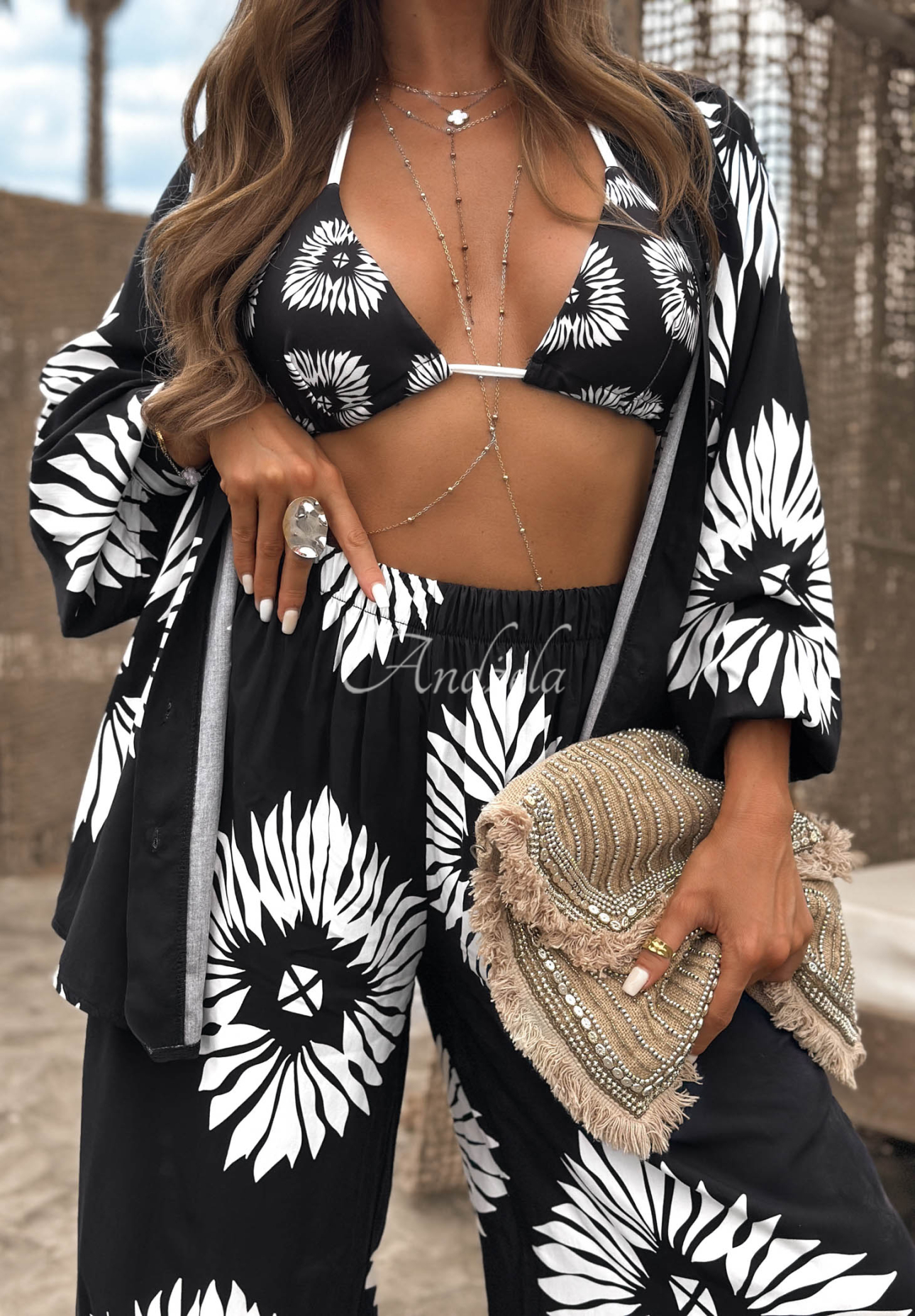 Set 3 în 1 din viscoză cu Top  , cămașă și pantaloni cu imprimeu Fiesta Time