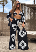 Compleu 3w1 Top , Cămașă i Pantaloni wide leg cu modele Fiesta Time negru