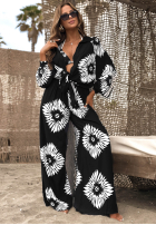 Compleu 3w1 Top , Cămașă i Pantaloni wide leg cu modele Fiesta Time negru
