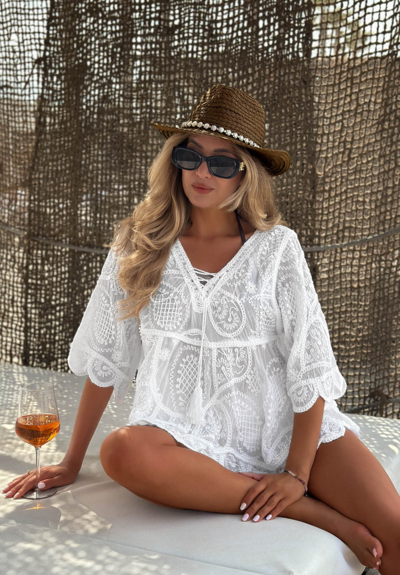 Bluză boho brodată cu legare din bumbac Lagoon Light