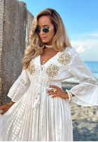 Rochie maxi ze złotymi haftami boho Sorelle Sun albă