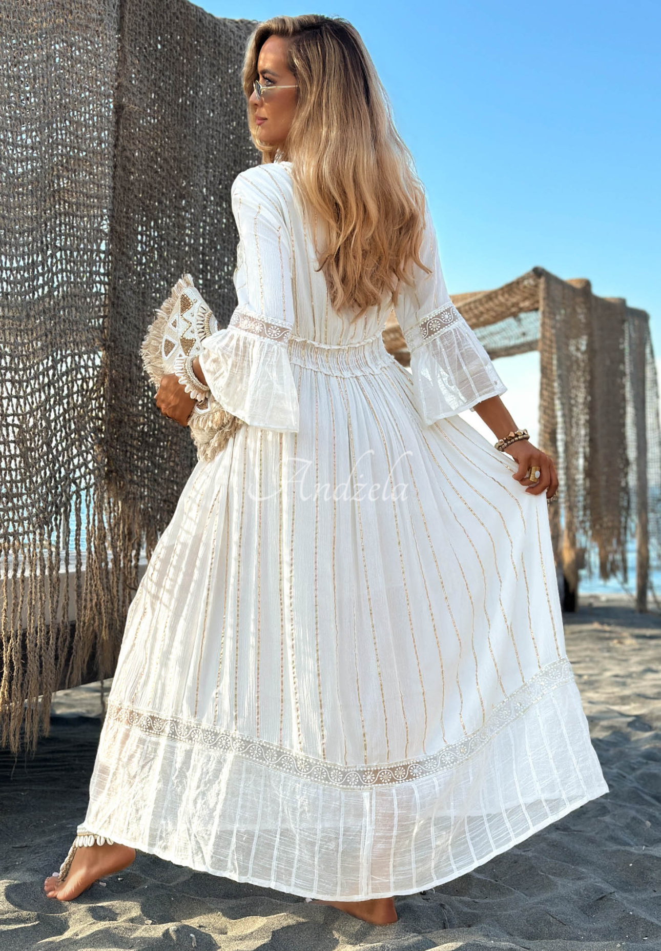Rochie maxi din viscoză cu broderii aurii boho Sorelle Sun