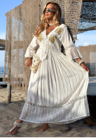 Rochie maxi ze złotymi haftami boho Sorelle Sun albă