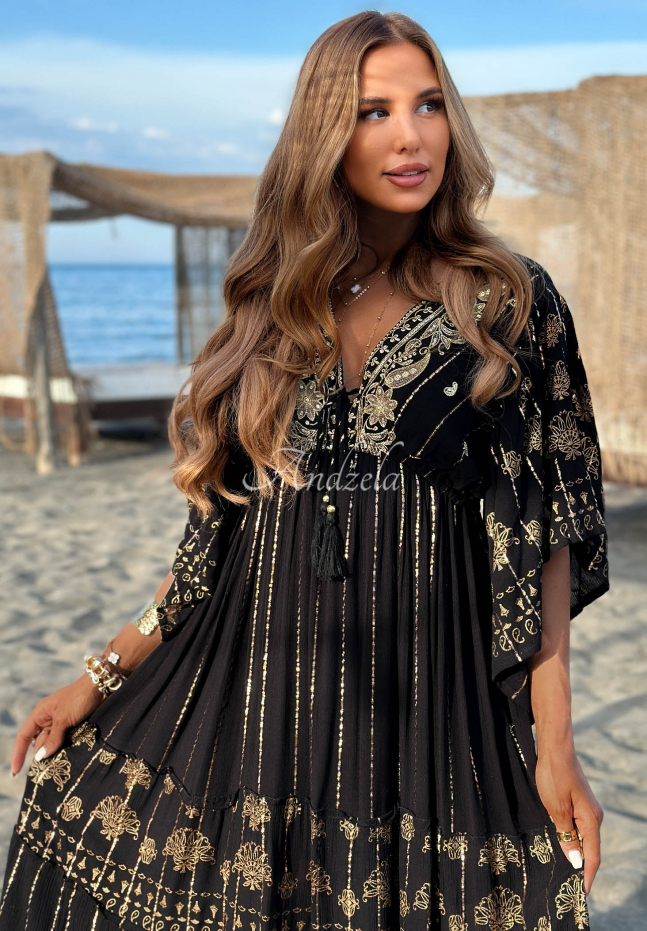 Rochie din viscoză cu broderii aurii boho Palm Royale