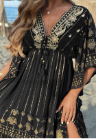 Rochie maxi ze złotymi haftami boho Palm Royale negru