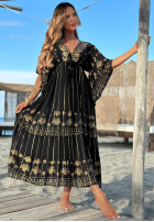 Rochie maxi ze złotymi haftami boho Palm Royale negru