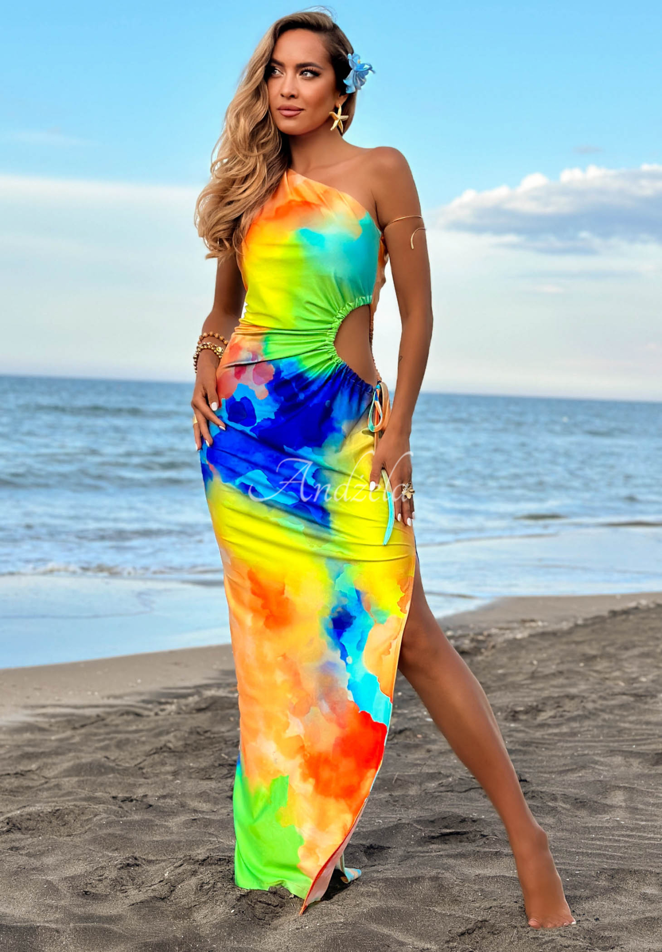 Rochie maxi asimetrică cu imprimeu Hawaii Papaya