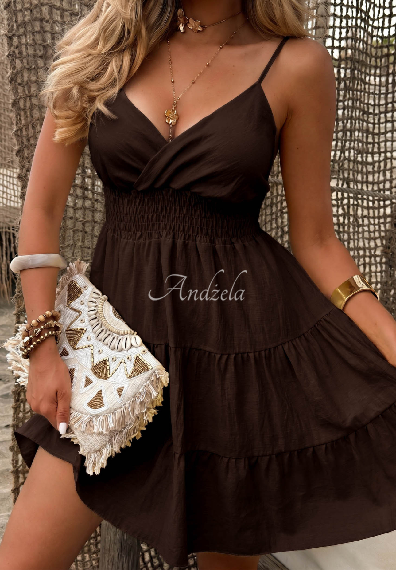 Rochie mini din viscoză cu bretele și volănașe Sun Muse
