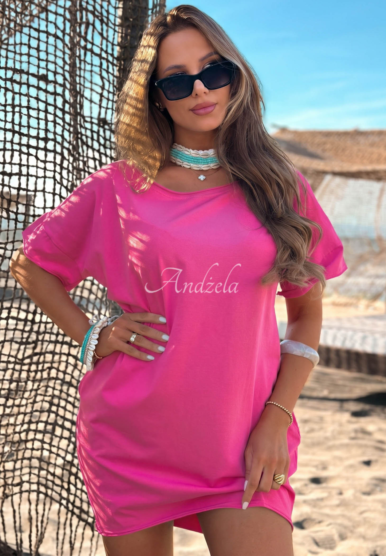Rochie din bumbac cu mâneci scurte Morning Sun fuchsiová