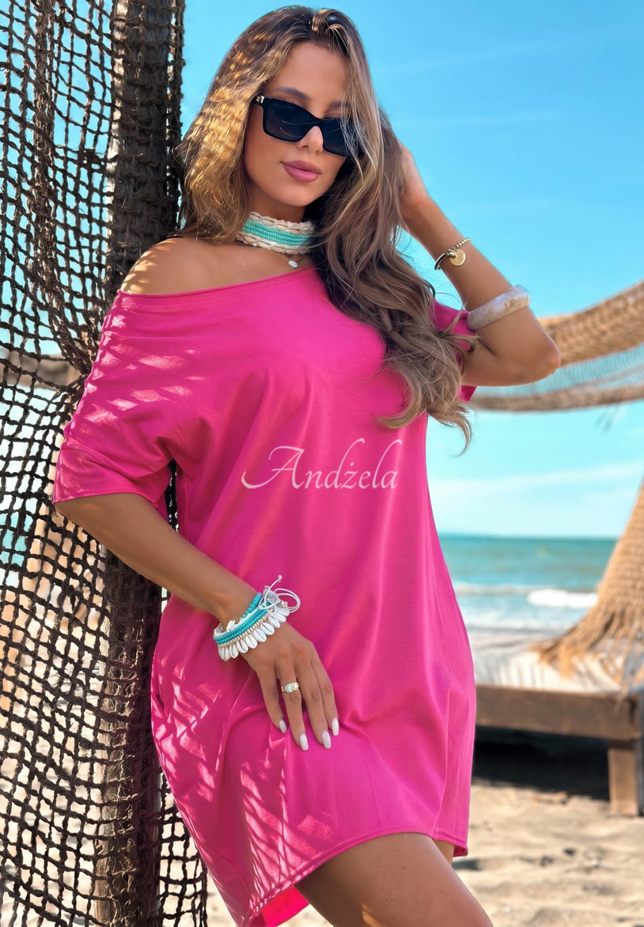 Rochie din bumbac cu mâneci scurte Morning Sun fuchsiová