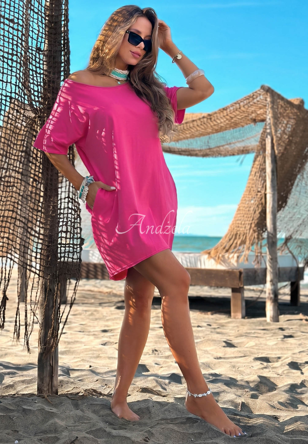 Rochie din bumbac cu mâneci scurte Morning Sun fuchsiová