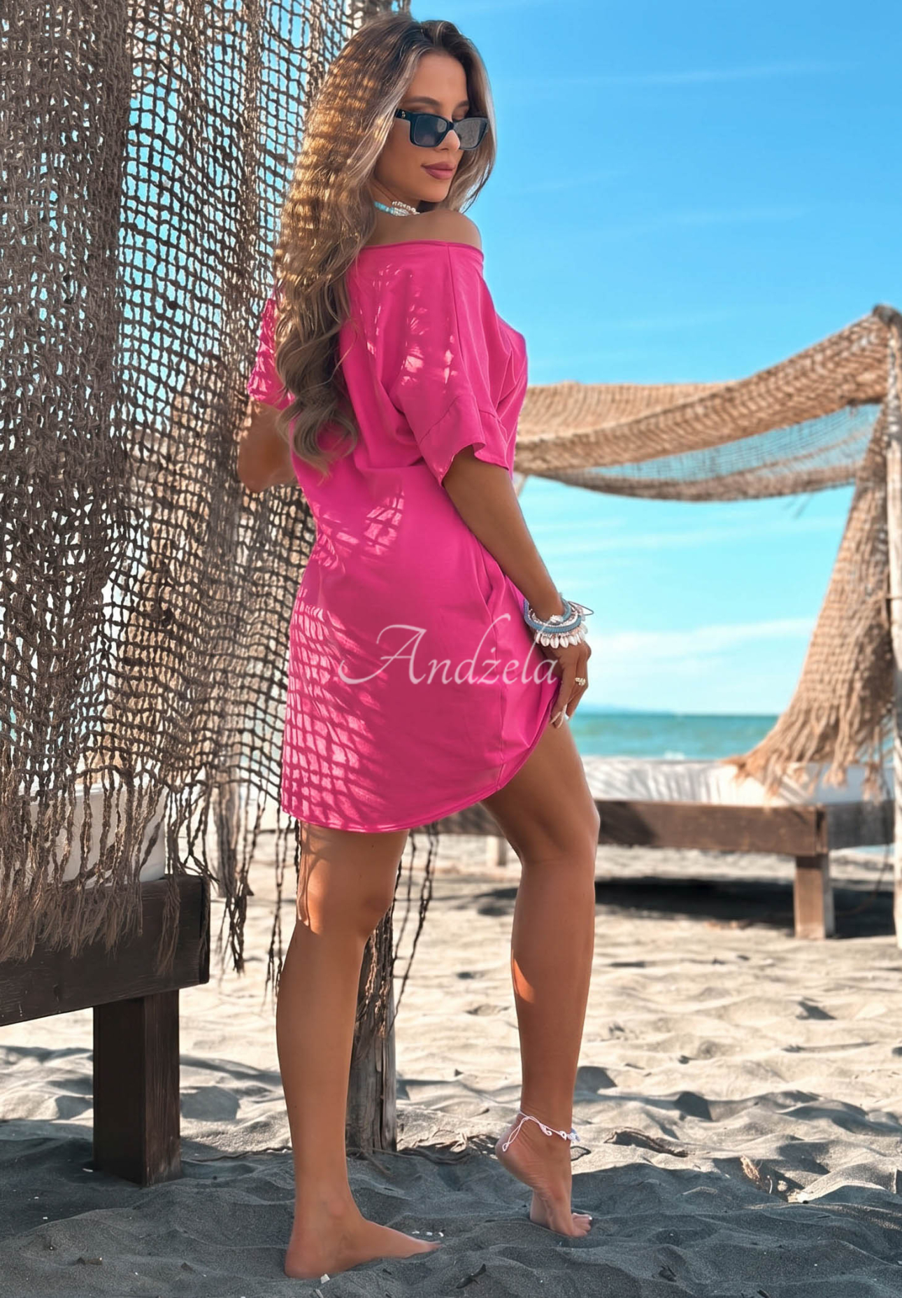 Rochie din bumbac cu mâneci scurte Morning Sun fuchsiová