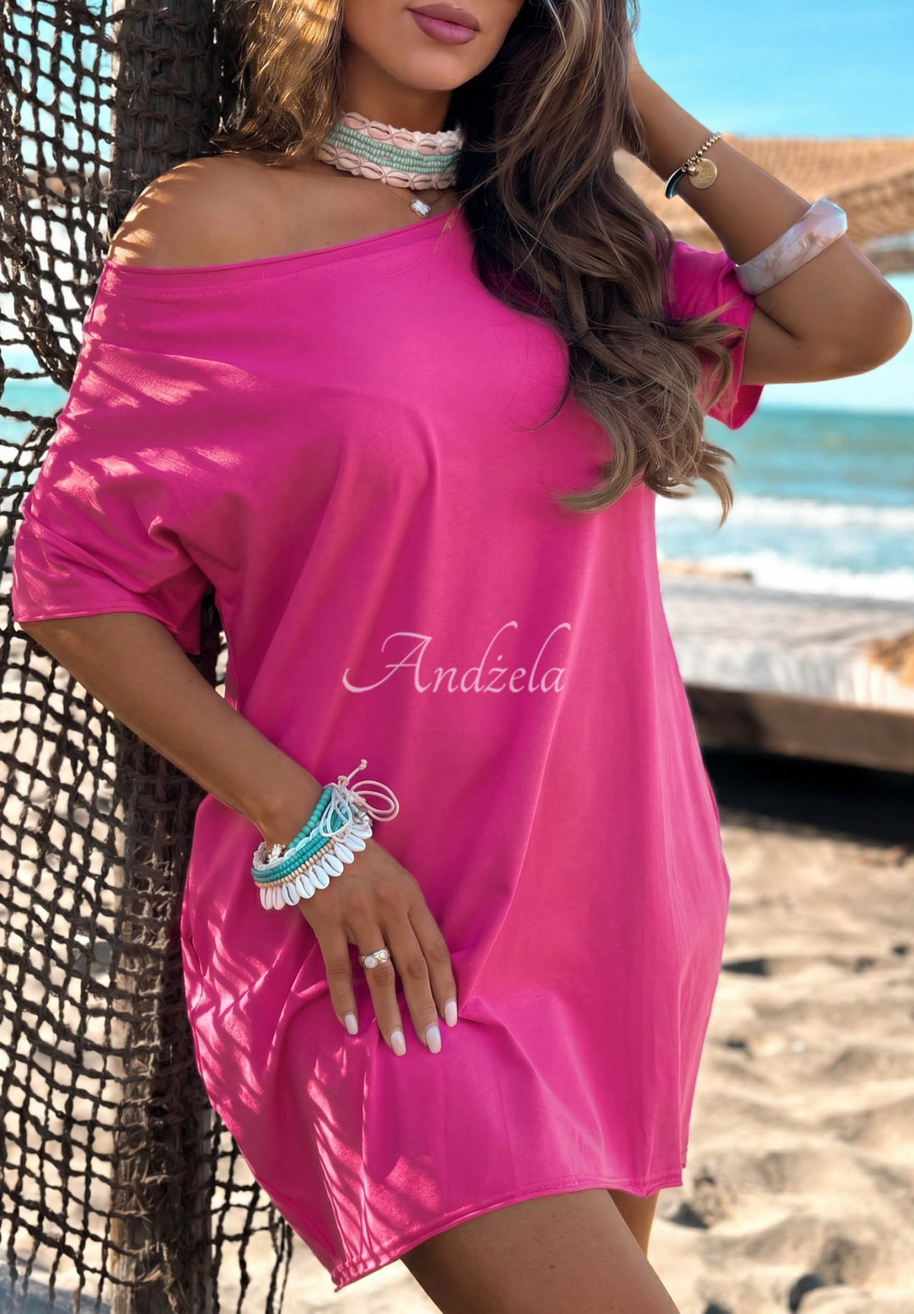 Rochie din bumbac cu mâneci scurte Morning Sun fuchsiová