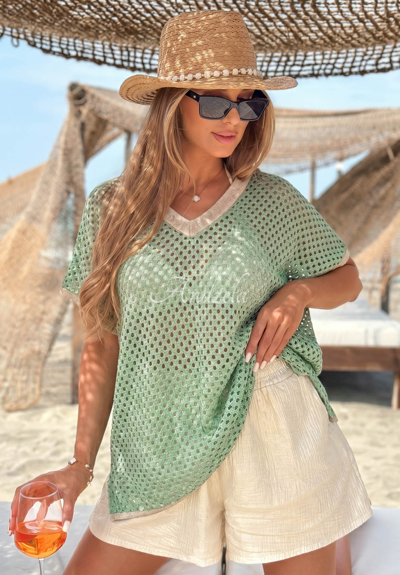 Pulover ajurat din bumbac cu decolteu Sandy Glow