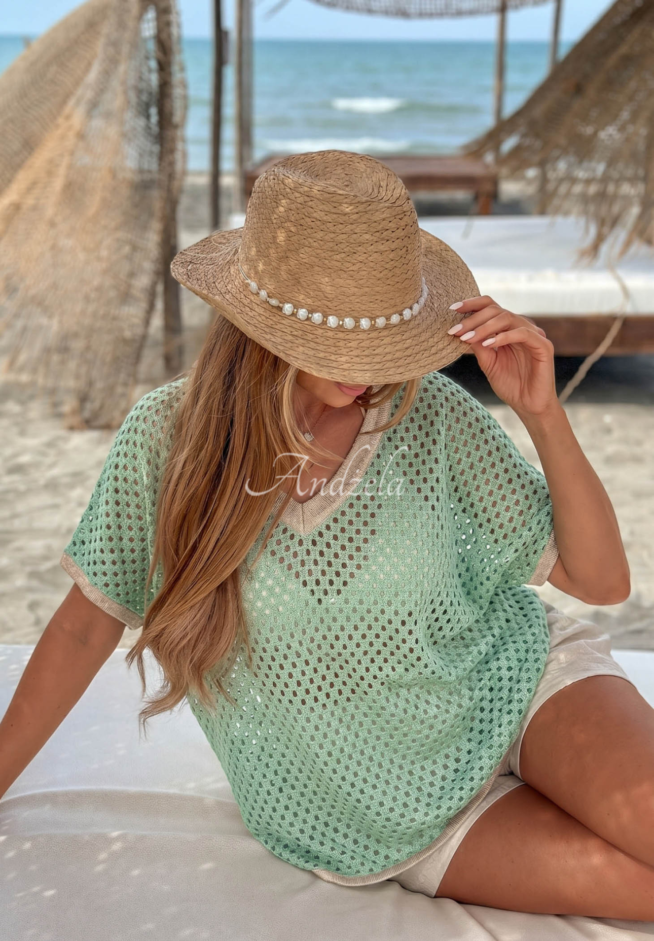 Pulover ajurat din bumbac cu decolteu Sandy Glow