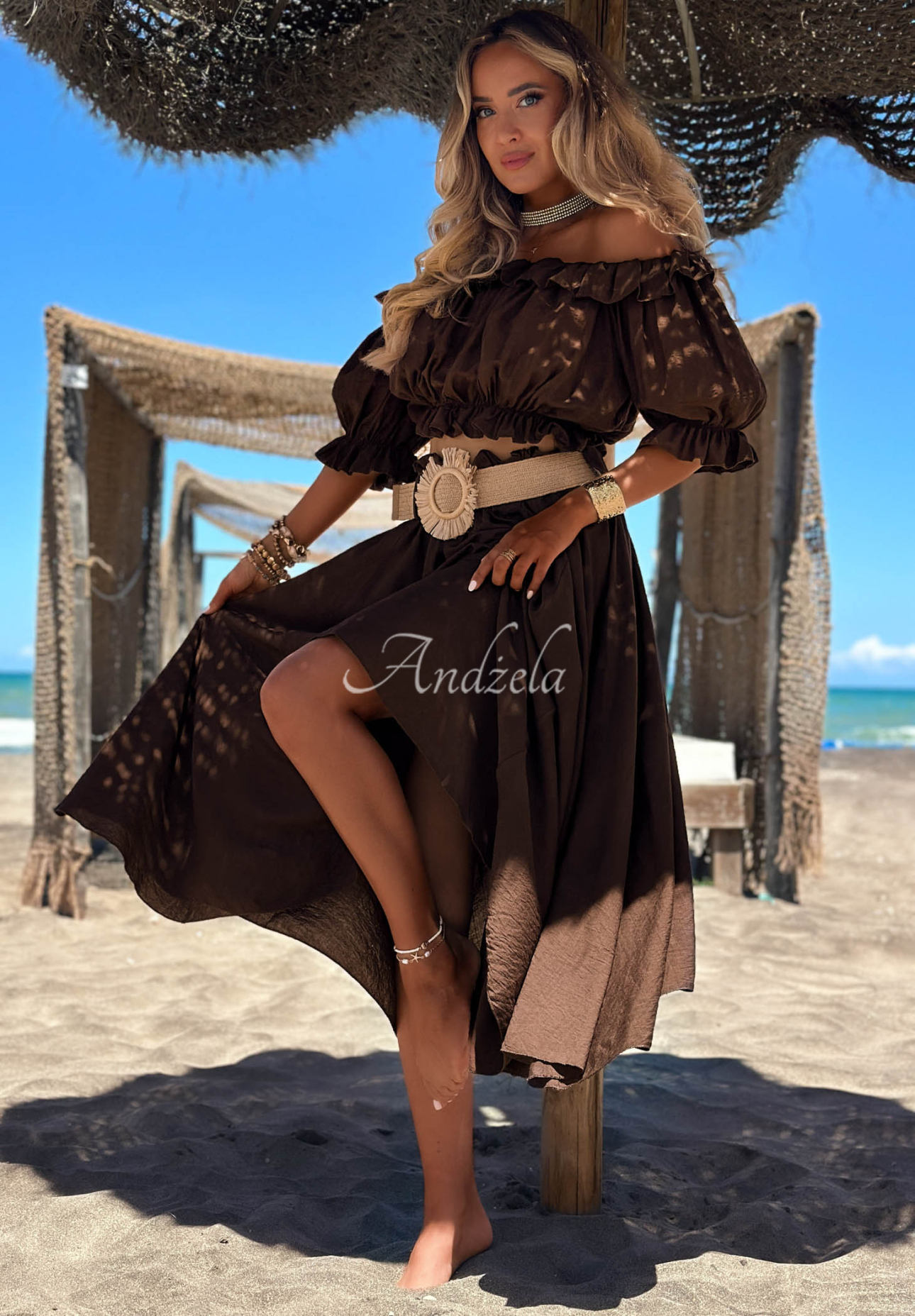 Set din viscoză cu bluză spaniolă și fustă maxi cu curea Summer Beauty