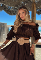 Compleu Bluză Cu croială spaniolă i Pantaloni wide leg z paskiem Spanish Beauty roșu