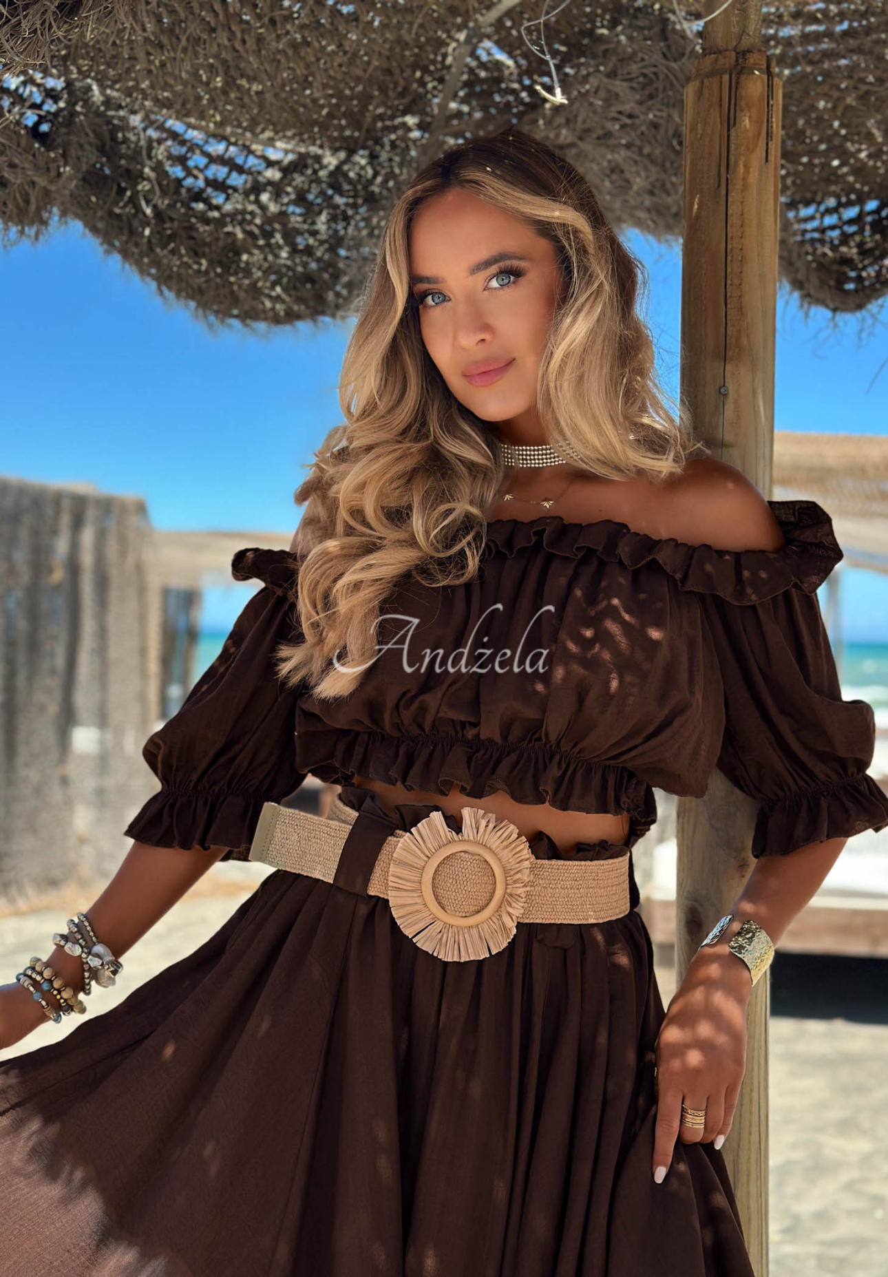Set din viscoză cu bluză spaniolă și fustă maxi cu curea Summer Beauty