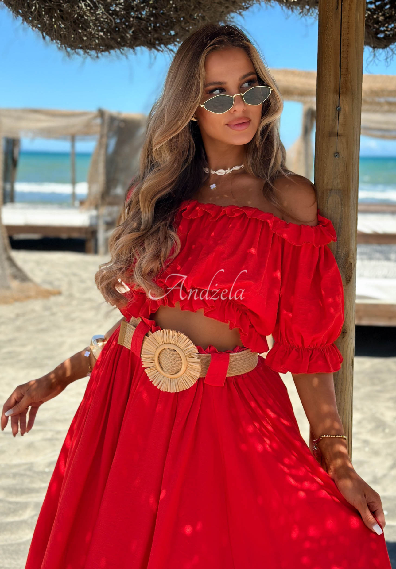 Set din viscoză cu bluză spaniolă și fustă maxi cu curea Summer Beauty