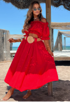 Compleu Bluză Cu croială spaniolă i Pantaloni wide leg z paskiem Spanish Beauty roșu