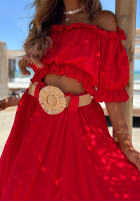 Compleu Bluză Cu croială spaniolă i Pantaloni wide leg z paskiem Spanish Beauty roșu