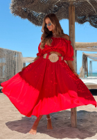 Compleu Bluză Cu croială spaniolă i Pantaloni wide leg z paskiem Spanish Beauty roșu