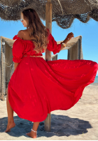 Compleu Bluză Cu croială spaniolă i Pantaloni wide leg z paskiem Spanish Beauty roșu